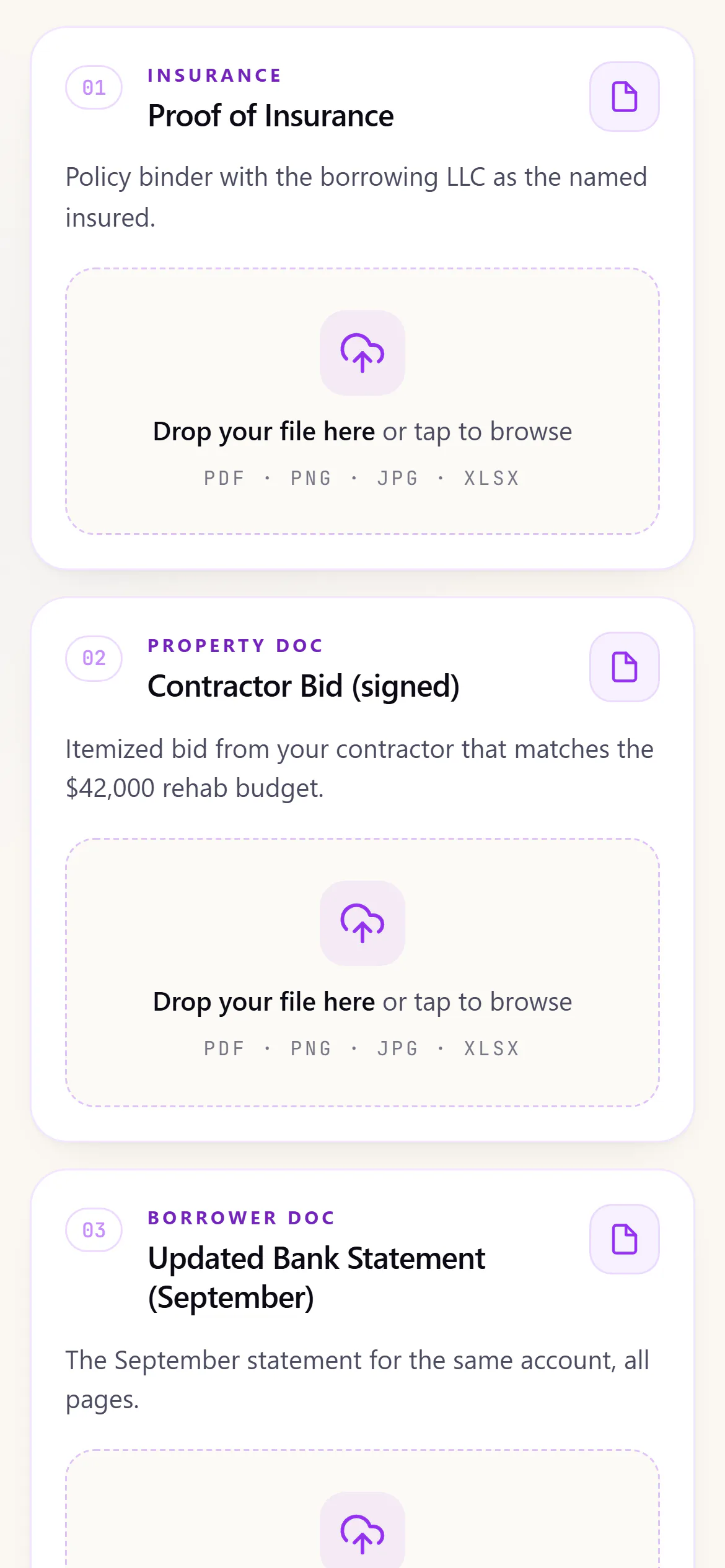 Borrower document checklist on a phone: proof of insurance, a signed contractor bid and an updated bank statement, each with a note and an upload area