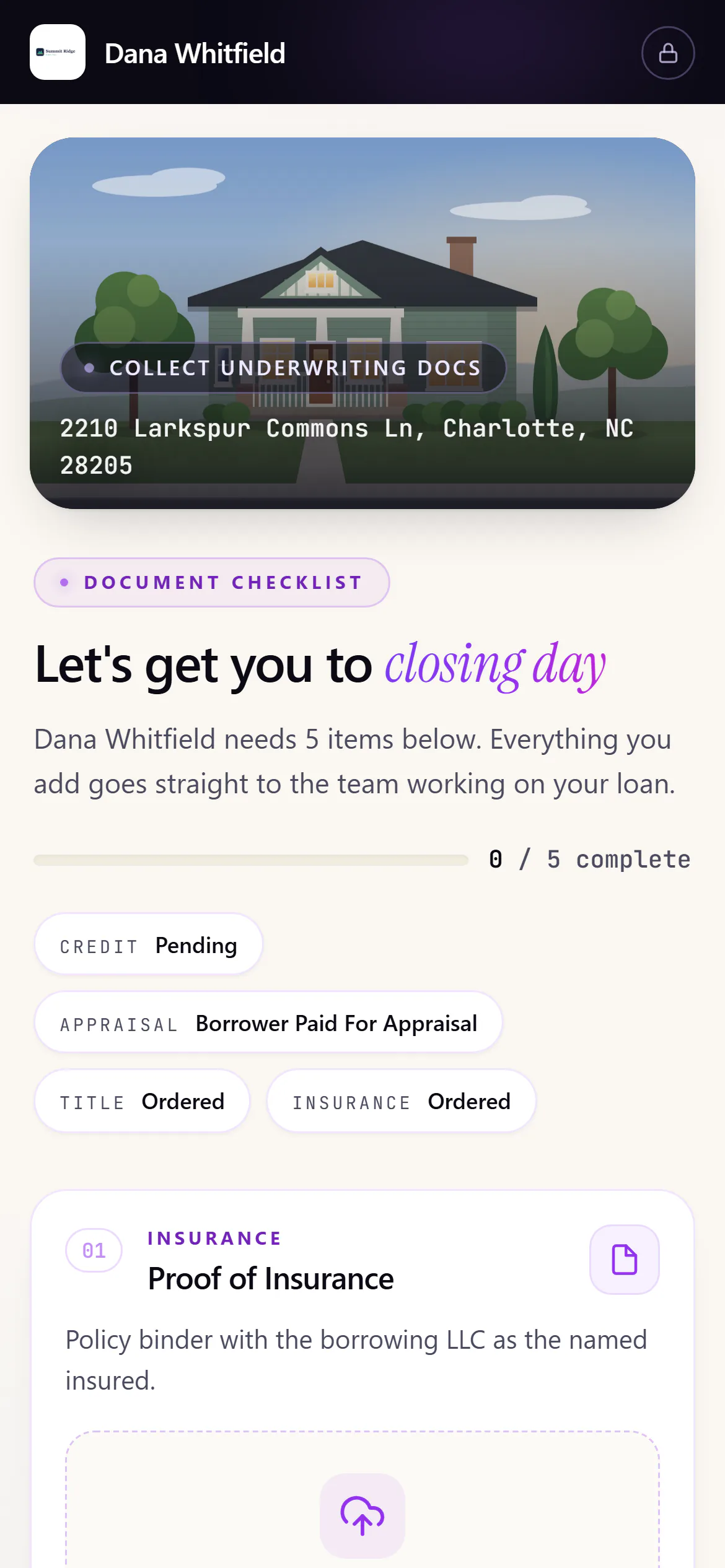 The borrower's document checklist on a phone, branded for the sample brokerage: the property, 'Let's get you to closing day', progress, credit, appraisal, title and insurance status, and the first item to upload