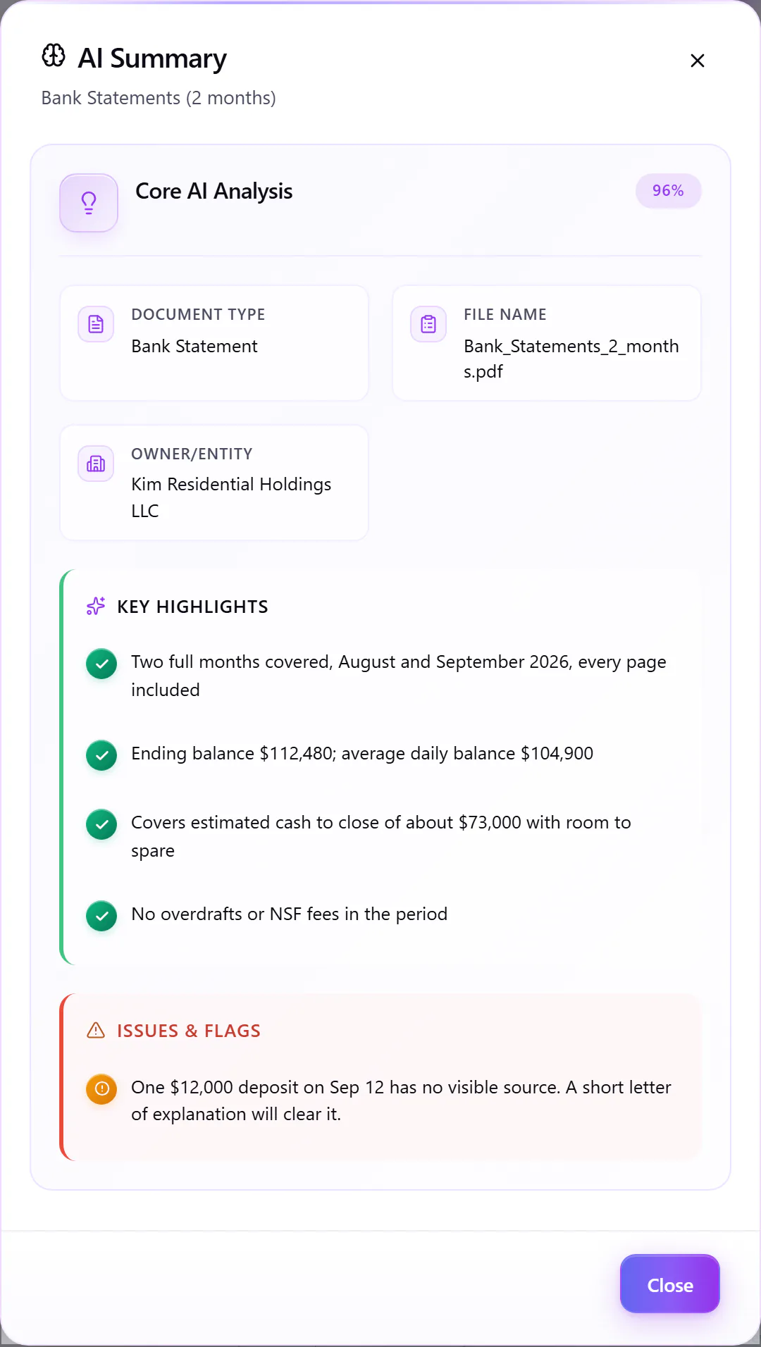 AI summary of an uploaded bank statement in Relip: document type and owner, key points such as the ending balance and cash to close covered, and one deposit flagged for a letter of explanation