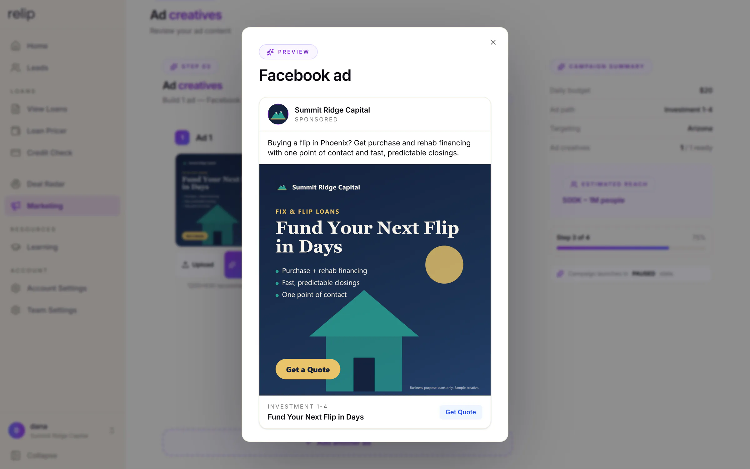 Facebook ad preview in the Relip campaign builder: the sample brokerage's sponsored post with its text, image, headline and Get Quote button