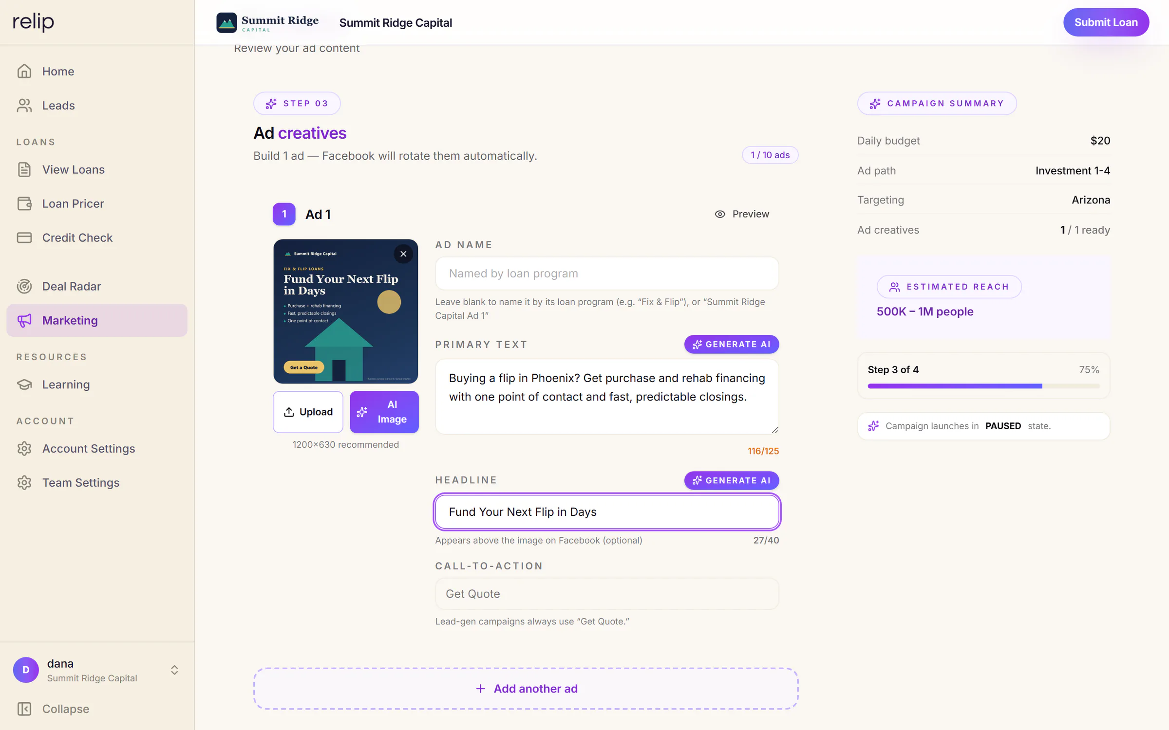 Step 3 of the Relip campaign builder: an ad with its image, primary text, headline and Get Quote button, beside the campaign summary with daily budget, targeting and estimated reach