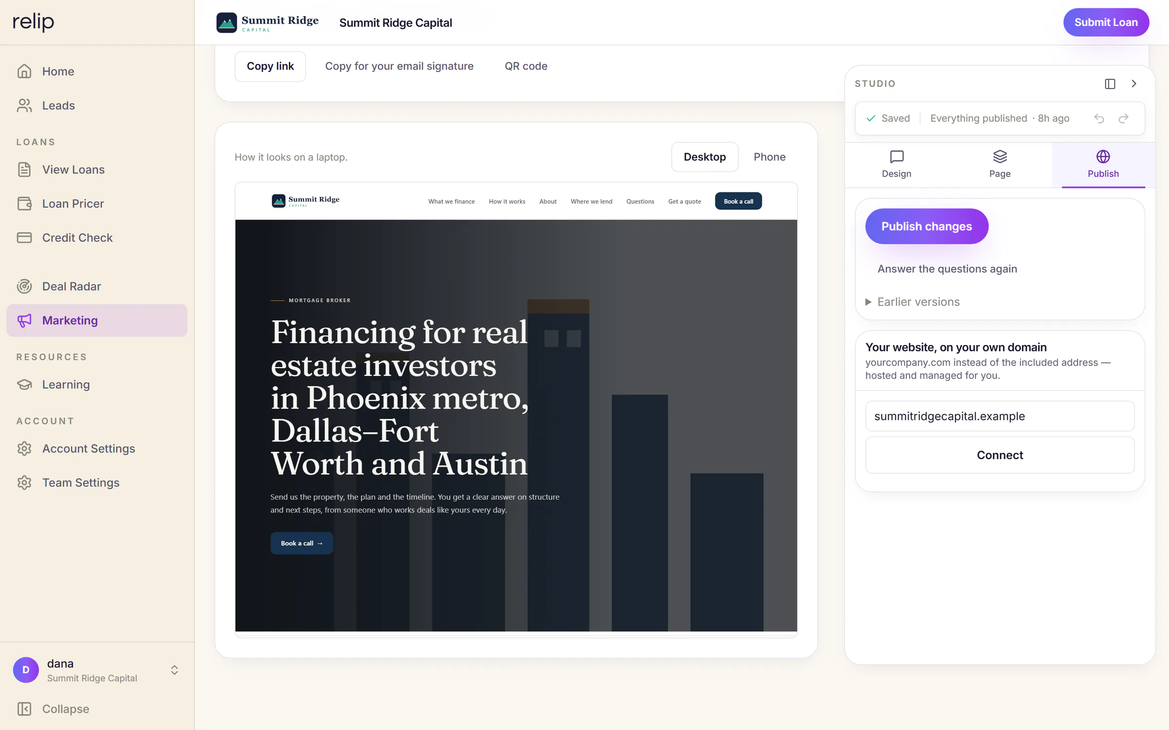 Publishing in the Relip website studio: the live site in preview, and the Publish tab with Publish changes, earlier versions, and a field to connect the brokerage's own domain