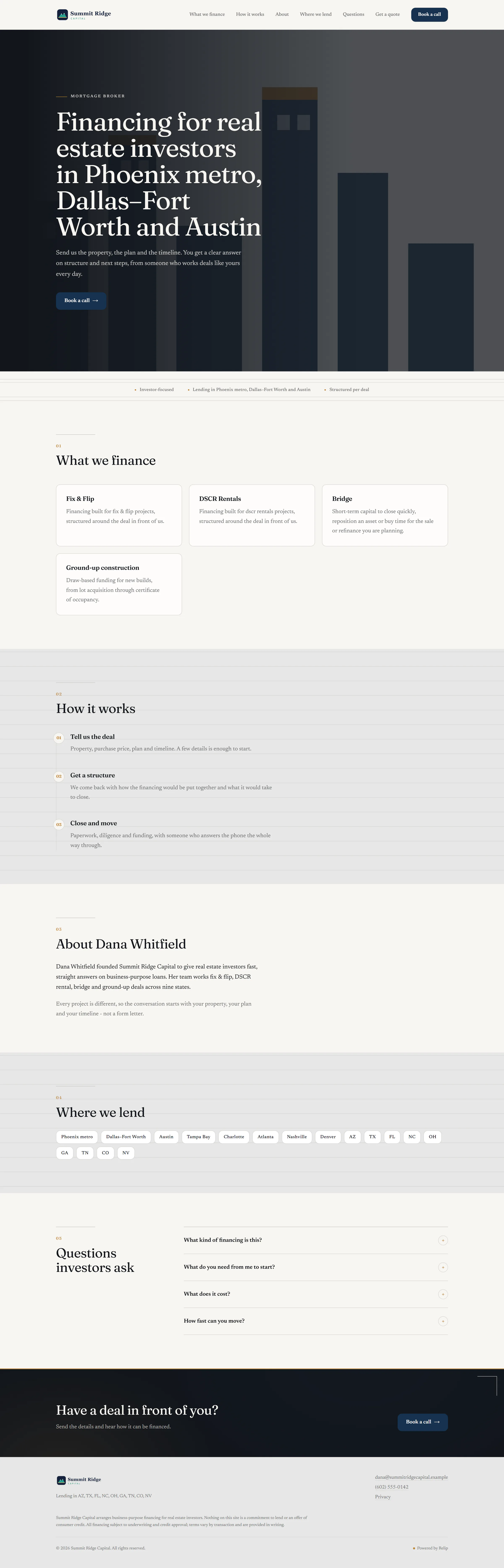 The whole sample brokerage website built in Relip: hero, what it finances, how it works, about the broker, where it lends, questions, a call to action and the footer