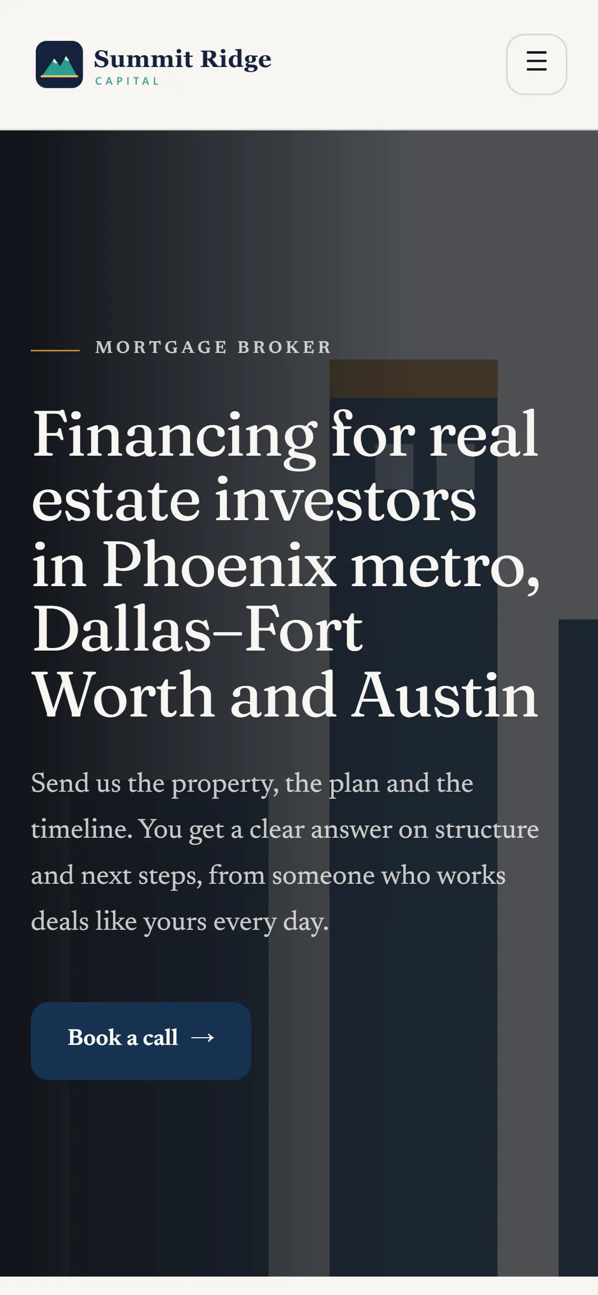 The sample brokerage website built in Relip, on a phone: logo, menu, the headline and a Book a call button