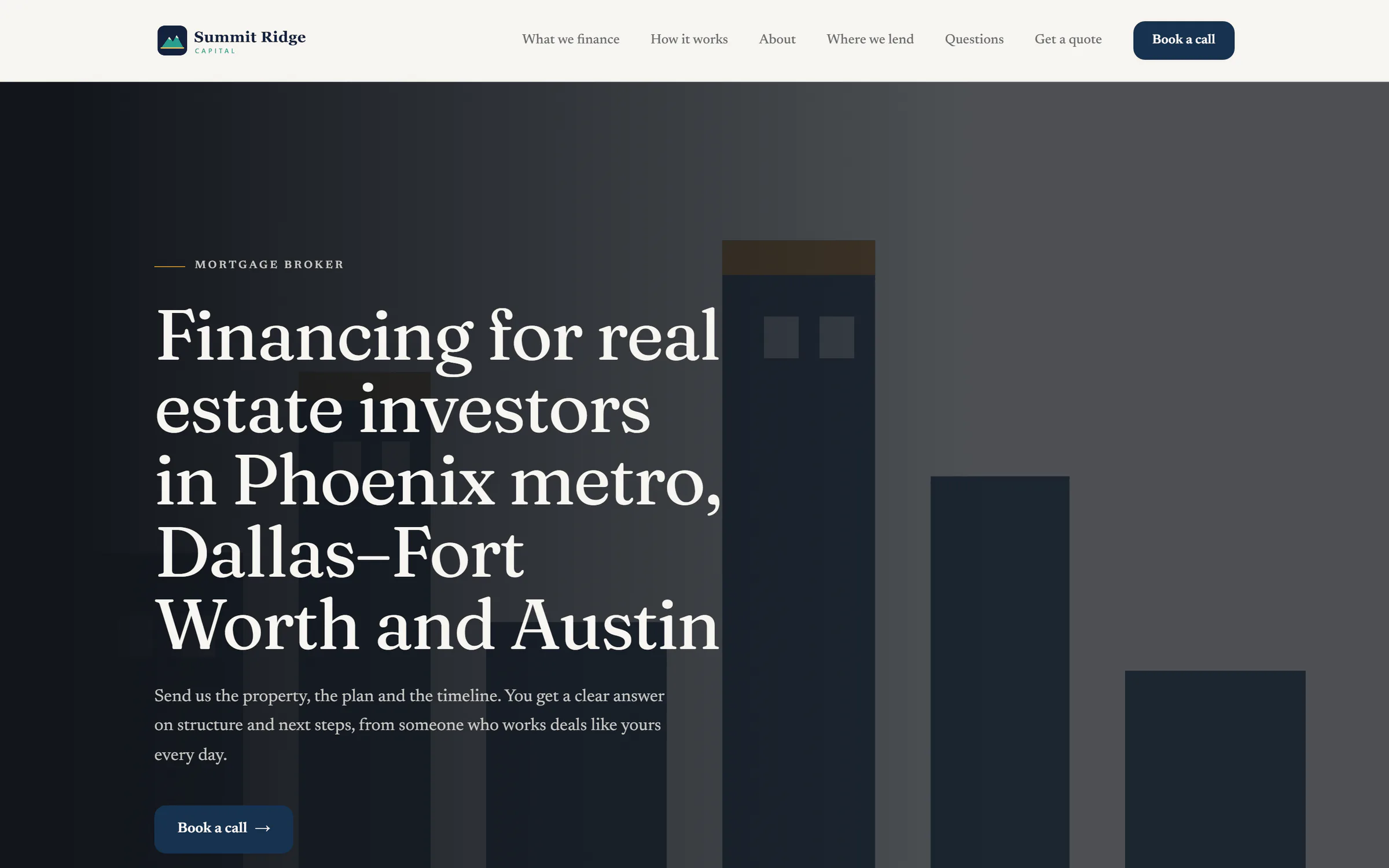 A broker website built in Relip for the sample brokerage, on a laptop: logo, menu, a headline about financing real estate investors in its markets, and a Book a call button