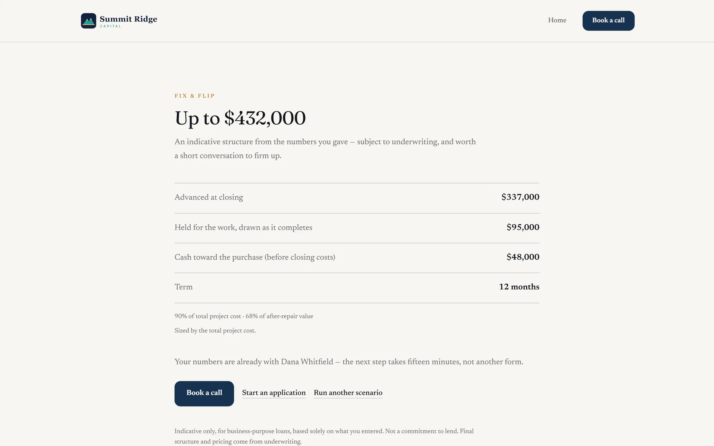 The branded quote page on a broker website built in Relip: an indicative fix and flip structure up to $432,000, with the amount advanced at closing, the amount held for the work, the term, and Book a call