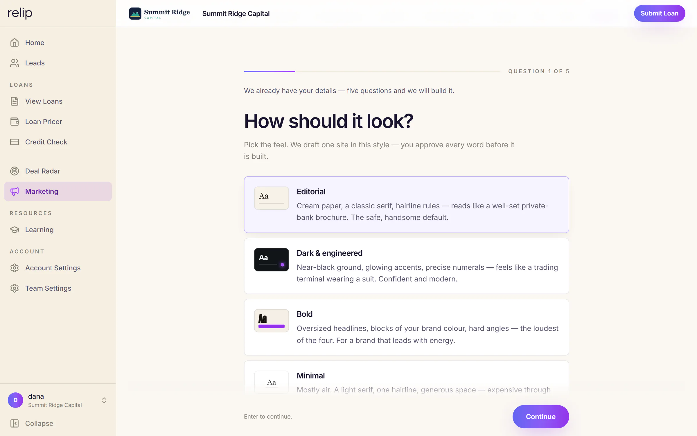Relip website studio setup, question 1 of 5: 'How should it look?', with four styles to pick from: Editorial, Dark and engineered, Bold and Minimal