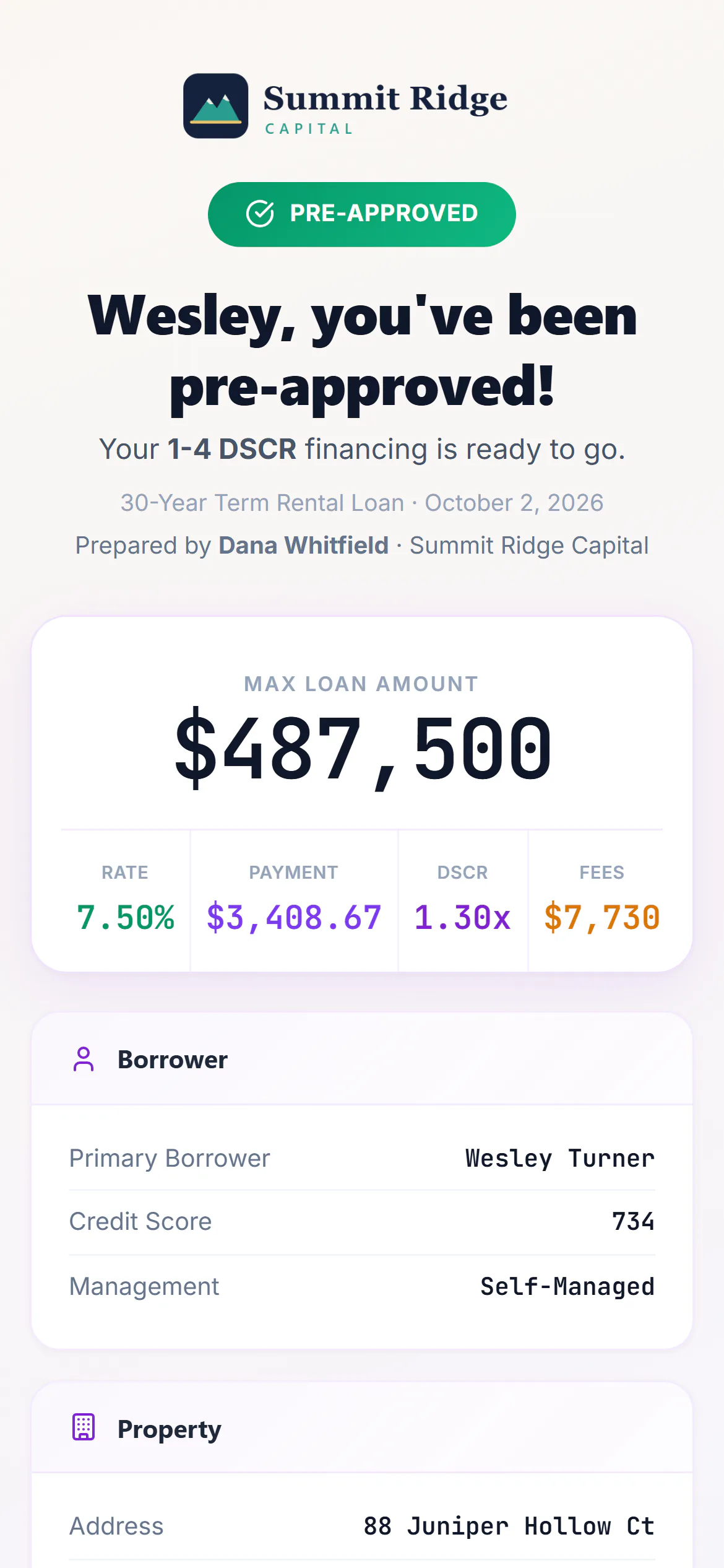 The borrower's online terms page on a phone, branded as the sample brokerage and prepared by its broker: maximum loan amount, rate, payment, DSCR and fees