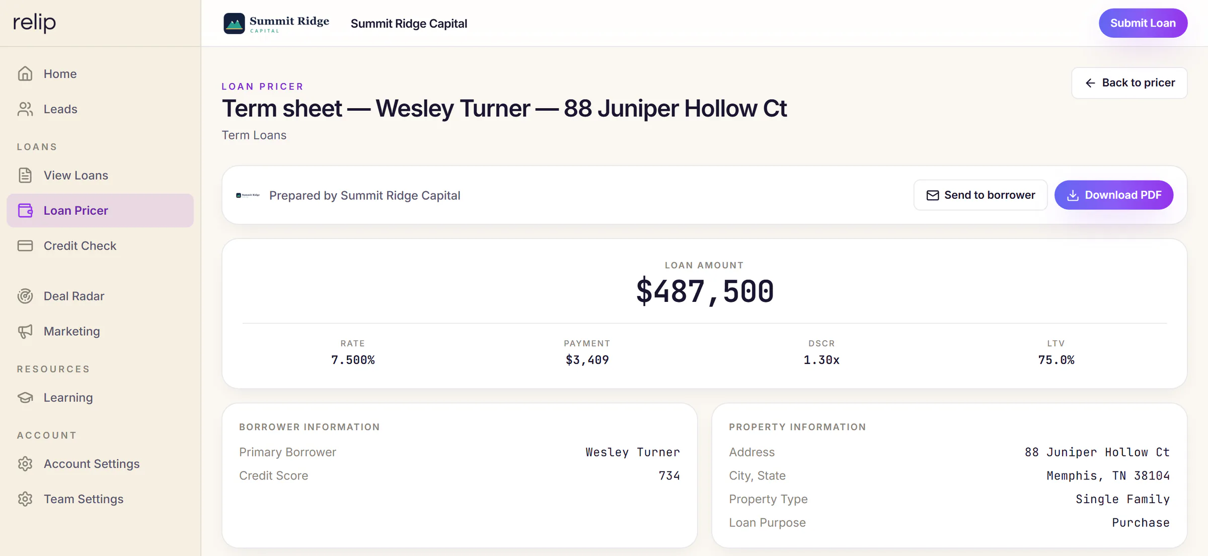 A term sheet in Relip prepared by the sample brokerage, with Send to borrower and Download PDF, the loan amount, rate, payment, DSCR and LTV, and the borrower and property details