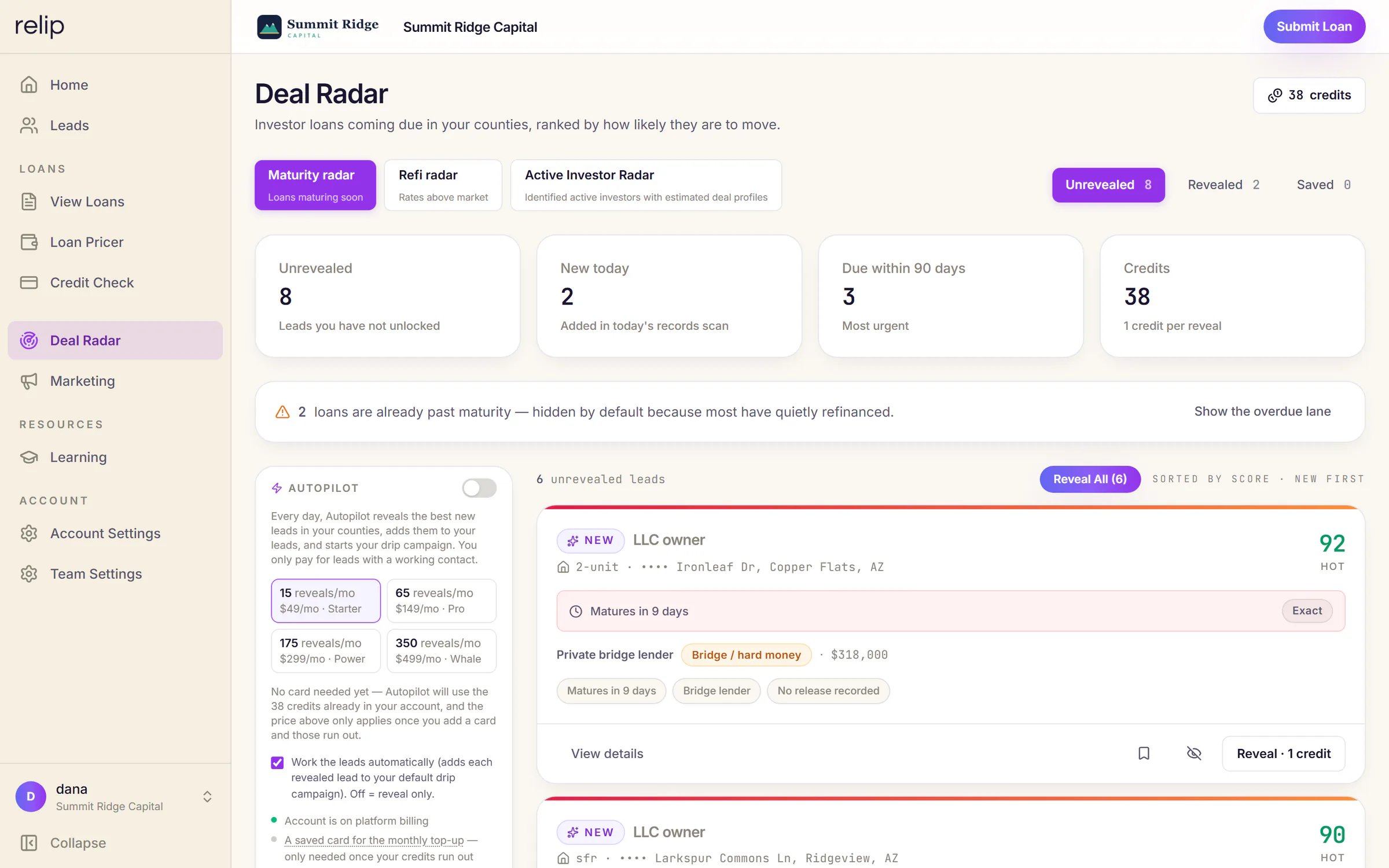 Deal Radar on a sample market: maturity, refinance and active investor lanes, counts of unrevealed and new leads, and ranked cards for investor loans maturing soon, street numbers hidden until revealed